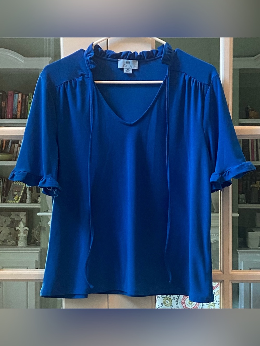 CeCe Blue Tie-Detail Short Sleeve Blouse Size Medium